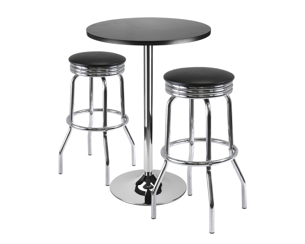 Summit 3-Pc Bar Height Table with 2 Swivel Seat Stools, Black and Chrome