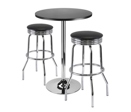 Summit 3-Pc Bar Height Table with 2 Swivel Seat Stools, Black and Chrome