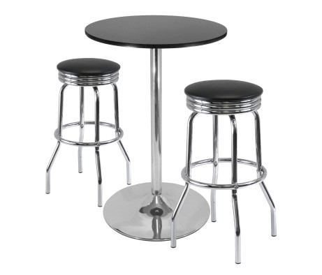Summit 3-Pc Bar Height Table with 2 Swivel Seat Stools, Black and Chrome