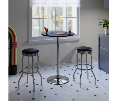 Summit 3-Pc Bar Height Table with 2 Swivel Seat Stools, Black and Chrome