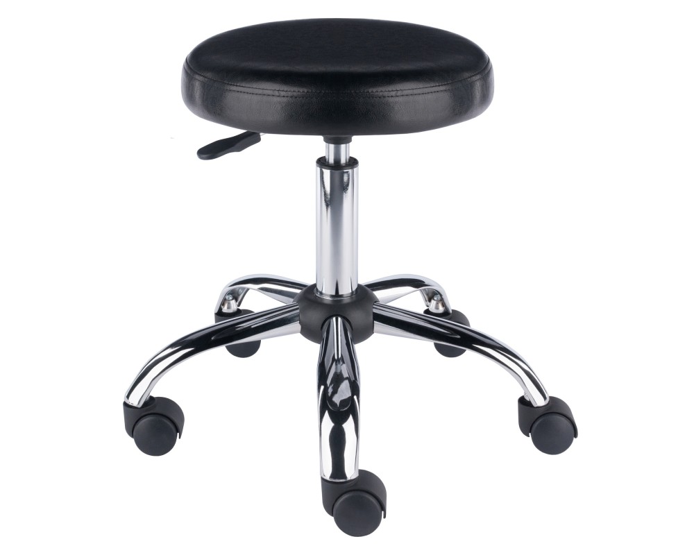 Clark Adjustable Swivel Stool with Round Cushion Seat and Wheels, 23' High, Black and Chrome