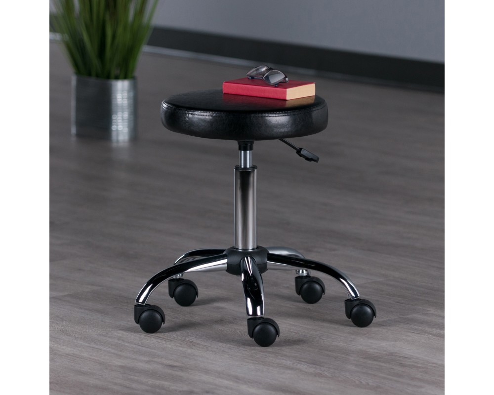 Clark Adjustable Swivel Stool with Round Cushion Seat and Wheels, 23' High, Black and Chrome