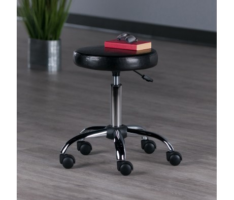 Clark Adjustable Swivel Stool with Round Cushion Seat and Wheels, 23' High, Black and Chrome