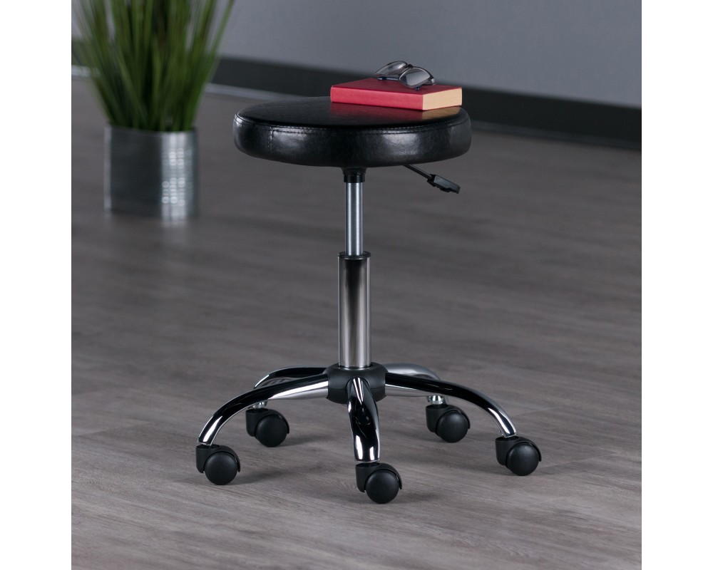 Clark Adjustable Swivel Stool with Round Cushion Seat and Wheels, 23' High, Black and Chrome