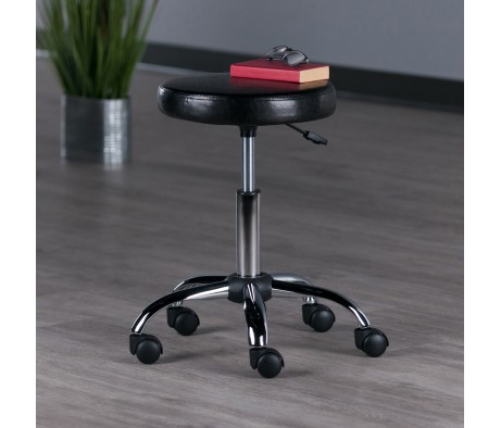 Clark Adjustable Swivel Stool with Round Cushion Seat and Wheels, 23' High, Black and Chrome