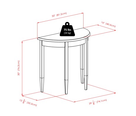 Concord Half Moon Console Table, 32' Wide, 30' High, Walnut