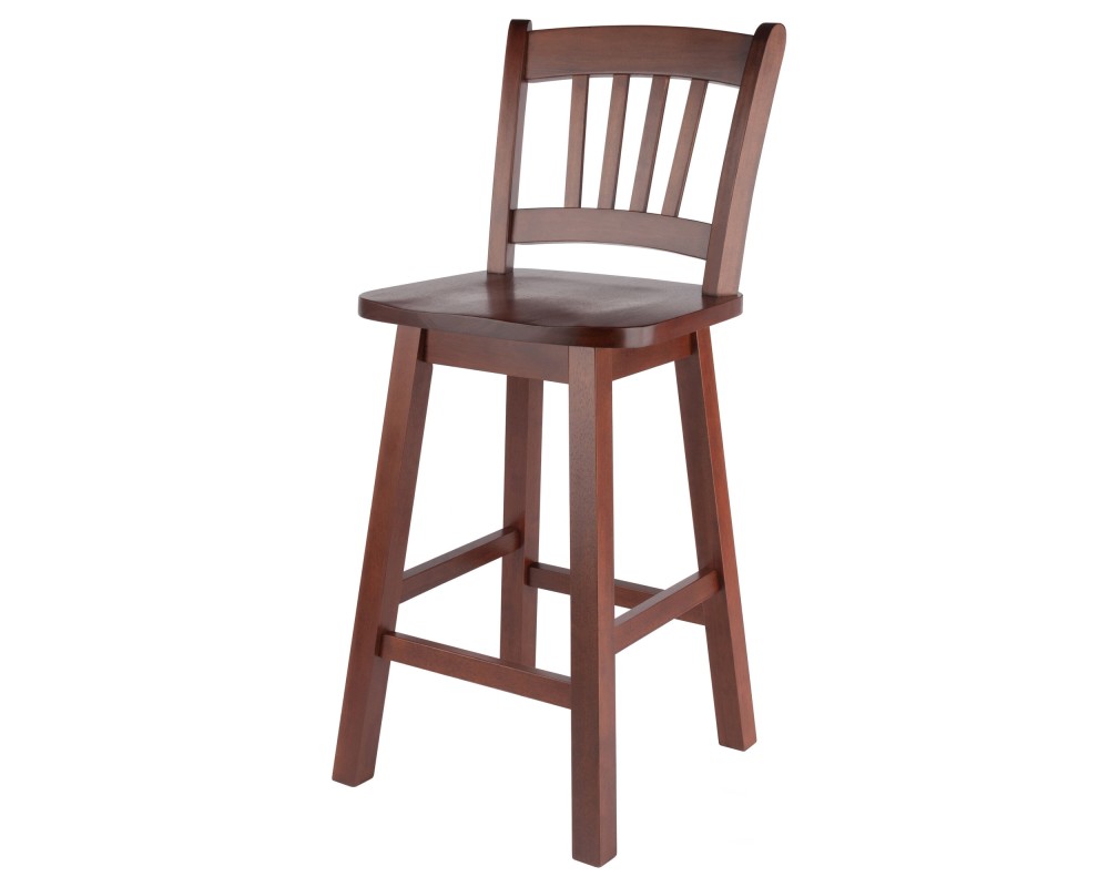 Fina 360-Swivel Counter Stool with Slat Back and Footrests, 38' High, Walnut