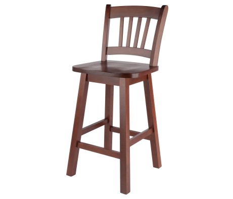 Fina 360-Swivel Counter Stool with Slat Back and Footrests, 38' High, Walnut