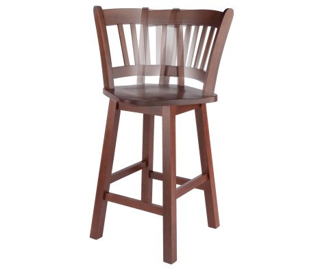 Fina 360-Swivel Counter Stool with Slat Back and Footrests, 38' High, Walnut