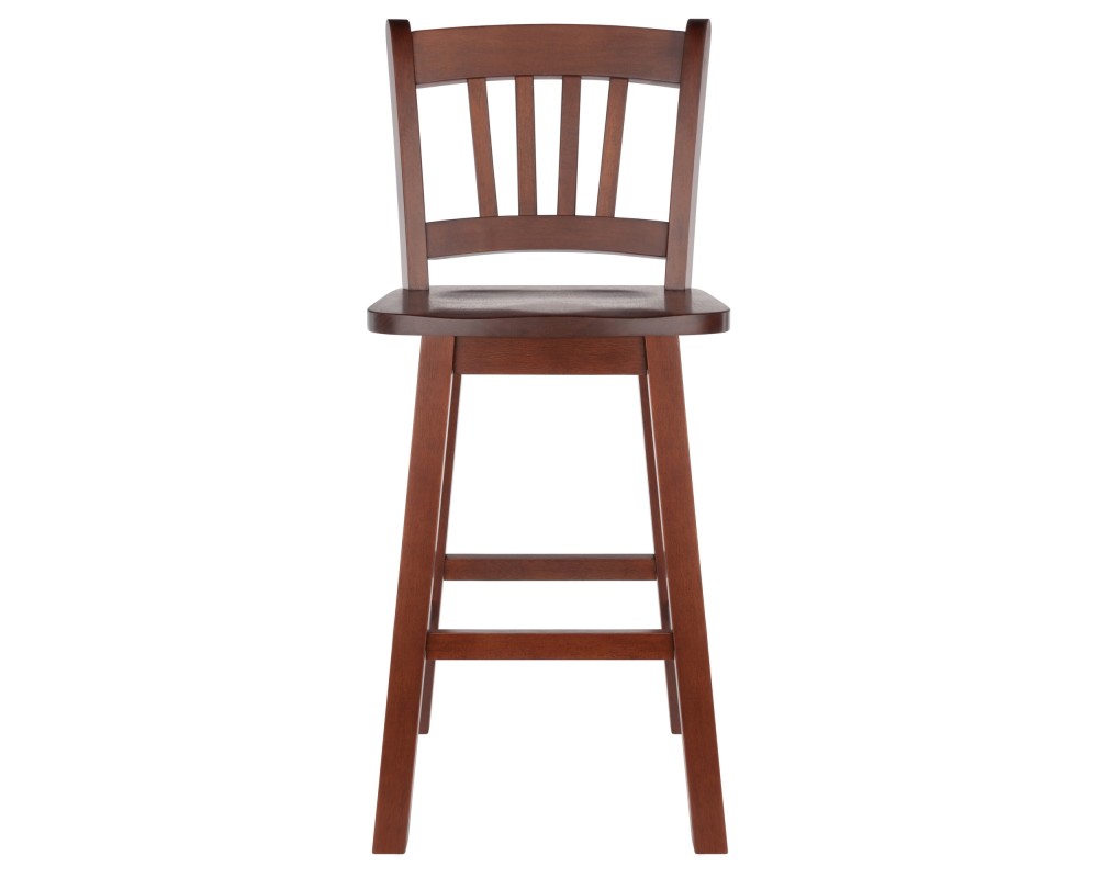 Fina 360-Swivel Counter Stool with Slat Back and Footrests, 38' High, Walnut