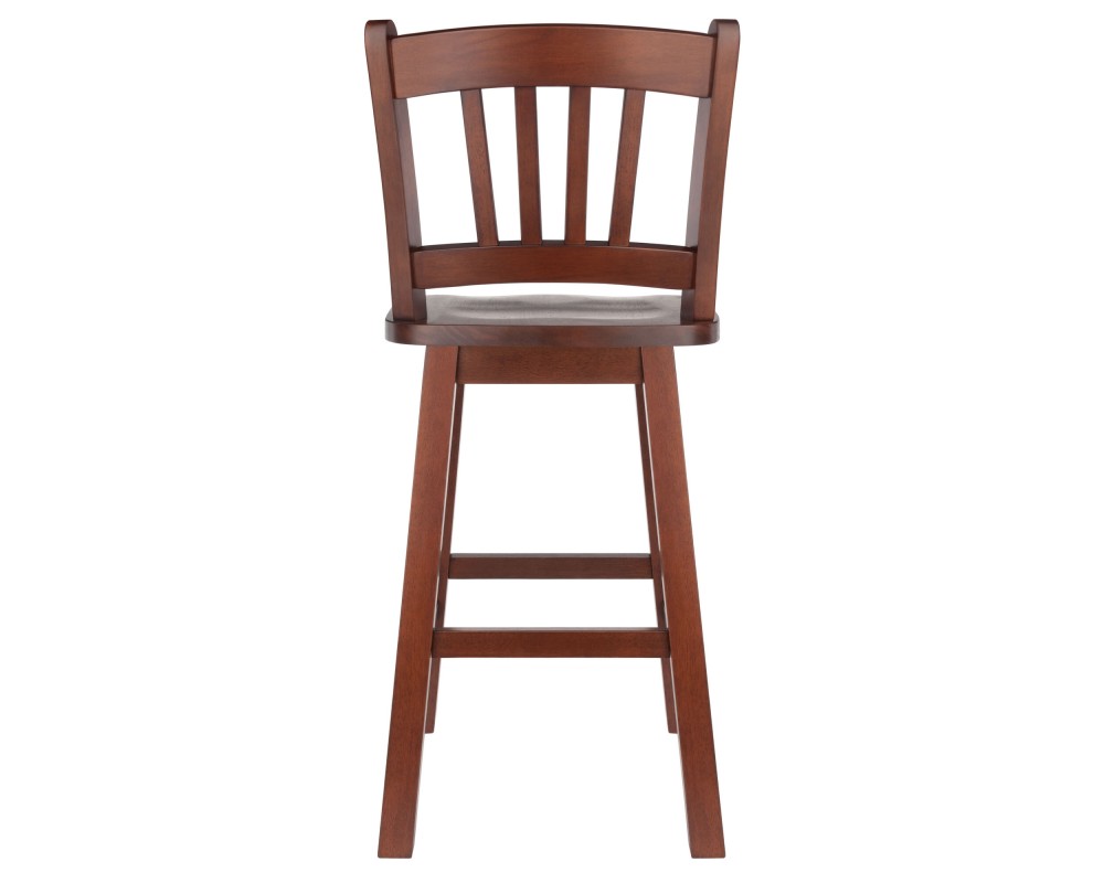Fina 360-Swivel Counter Stool with Slat Back and Footrests, 38' High, Walnut