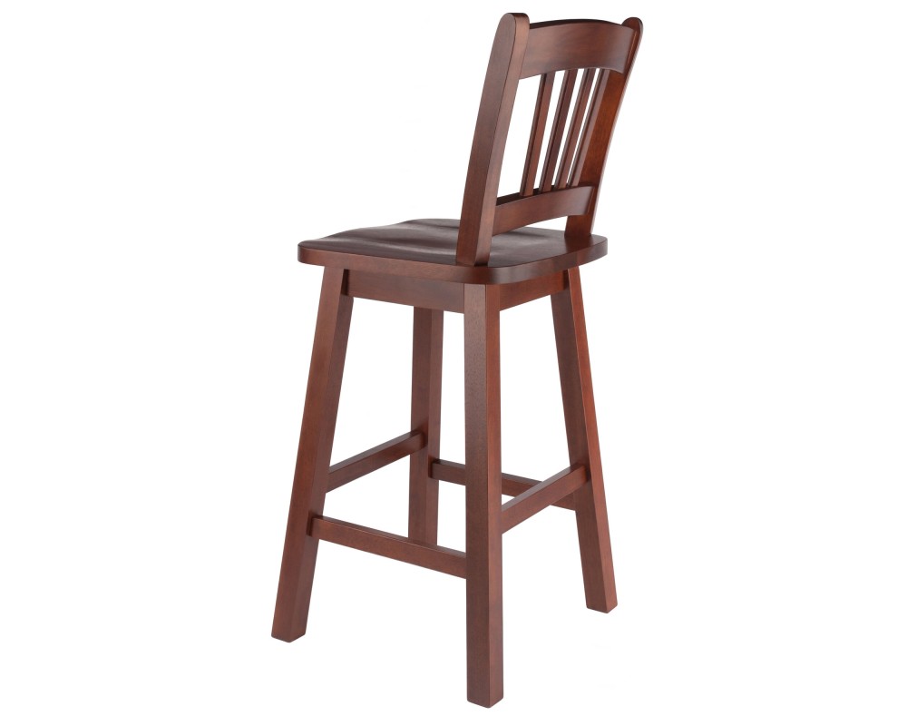 Fina 360-Swivel Counter Stool with Slat Back and Footrests, 38' High, Walnut
