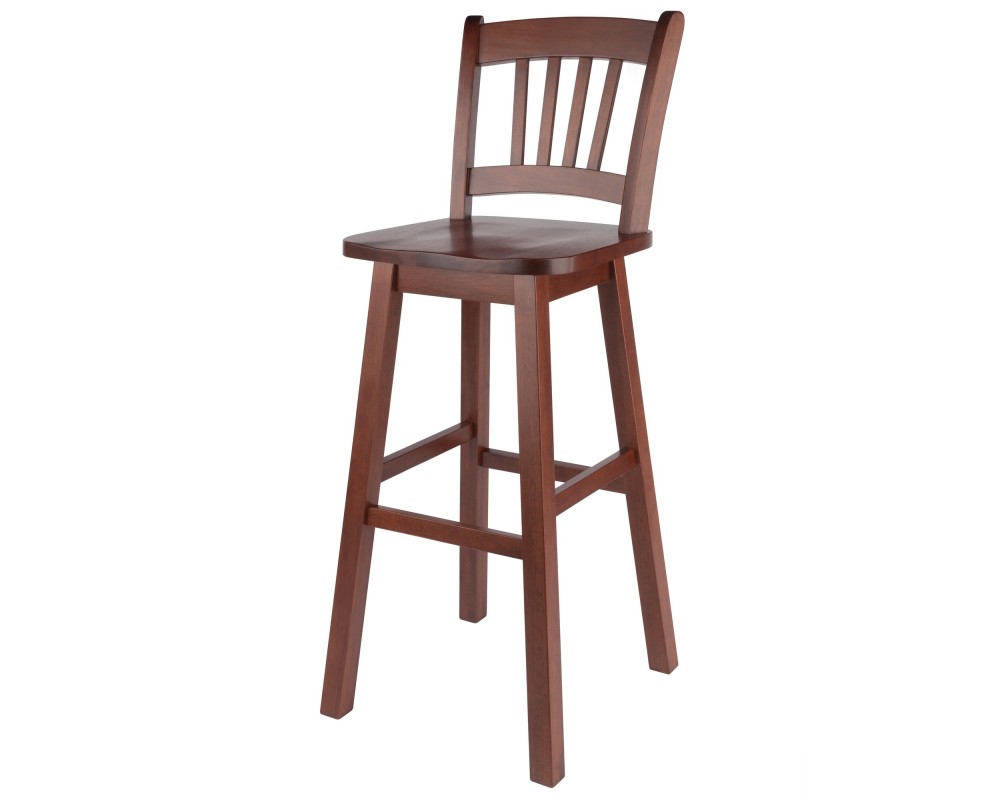 Fina 360-Swivel Bar Stool with Slat Back and Footrests, 44' High, Walnut