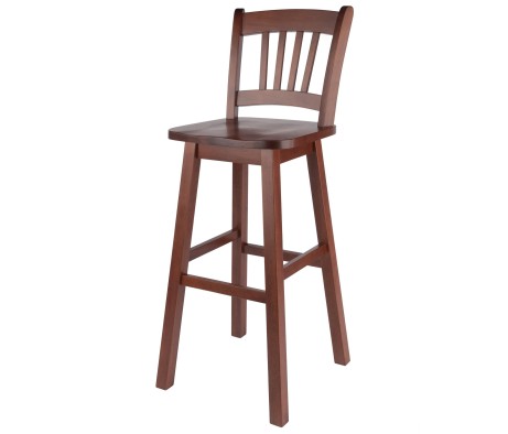Fina 360-Swivel Bar Stool with Slat Back and Footrests, 44' High, Walnut