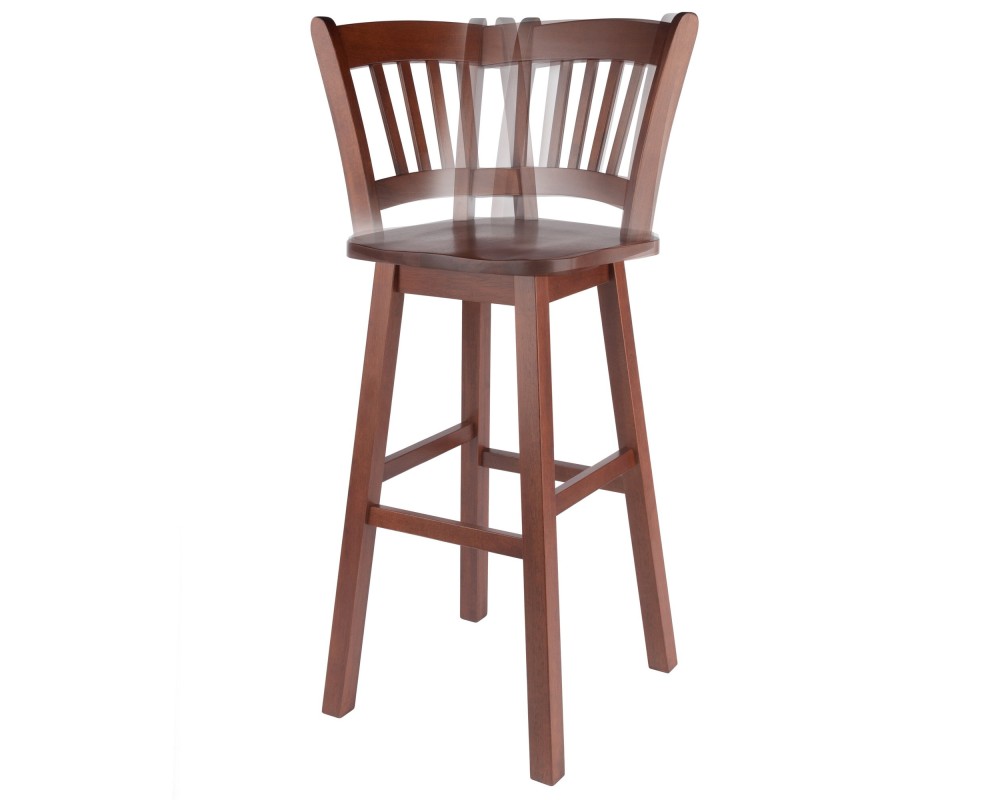 Fina 360-Swivel Bar Stool with Slat Back and Footrests, 44' High, Walnut