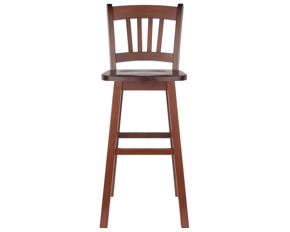 Fina 360-Swivel Bar Stool with Slat Back and Footrests, 44' High, Walnut