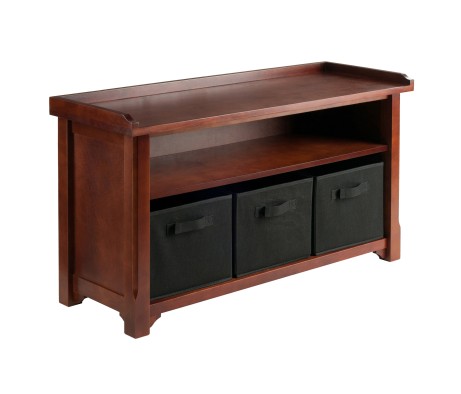 Verona 4-Pc Storage Bench with 3 Foldable Fabric Baskets, Walnut and Black