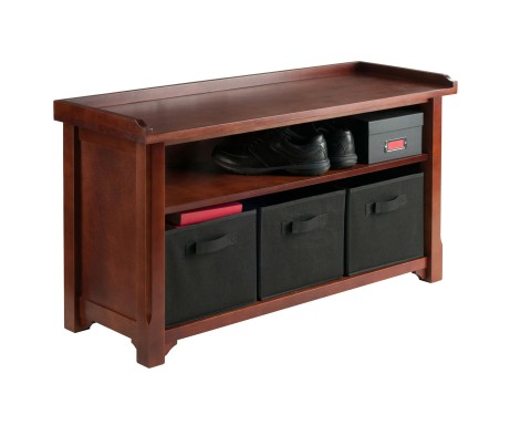 Verona 4-Pc Storage Bench with 3 Foldable Fabric Baskets, Walnut and Black