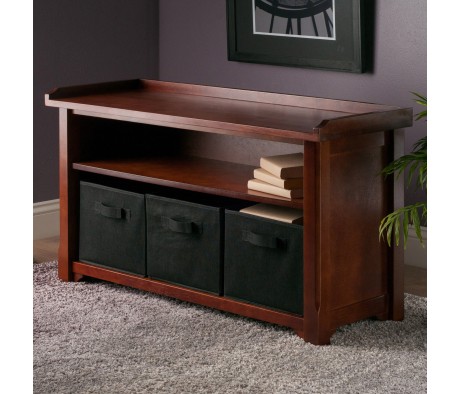 Verona 4-Pc Storage Bench with 3 Foldable Fabric Baskets, Walnut and Black