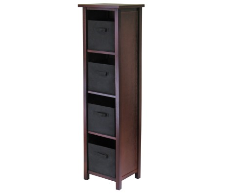 Verona 5-Pc 4-Tier Storage Shelf with 4 Foldable Fabric Baskets, Walnut and Black
