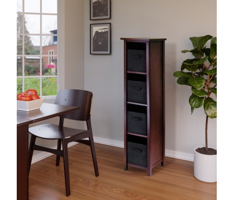 Verona 5-Pc 4-Tier Storage Shelf with 4 Foldable Fabric Baskets, Walnut and Black