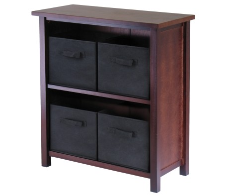 Verona 5-Pc 2-Tier Storage Shelf with 4 Foldable Fabric Baskets, Walnut and Black