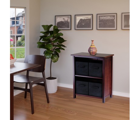 Verona 5-Pc 2-Tier Storage Shelf with 4 Foldable Fabric Baskets, Walnut and Black