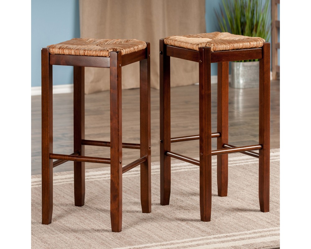 Kaden 2-Pc Rush Seat Bar Stool Set, 29' High, Walnut