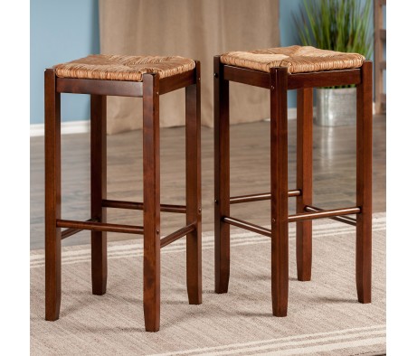 Kaden 2-Pc Rush Seat Bar Stool Set, 29' High, Walnut