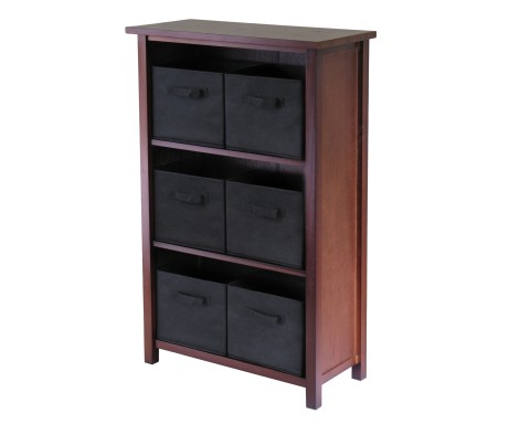 Verona 7-Pc 3-Tier Storage Shelf with 6 Foldable Fabric Baskets, Walnut and Black