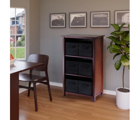 Verona 7-Pc 3-Tier Storage Shelf with 6 Foldable Fabric Baskets, Walnut and Black