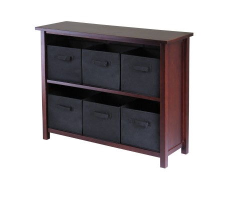 Verona 7-pc Wide Storage Shelf with 6 Foldable Fabric Baskets, Walnut and Black