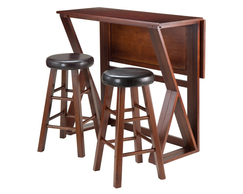 Harrington High Foldable Dining Table with 2 Cushion Counter Stools, 36' High, 39' Wide, Espresso and Walnut