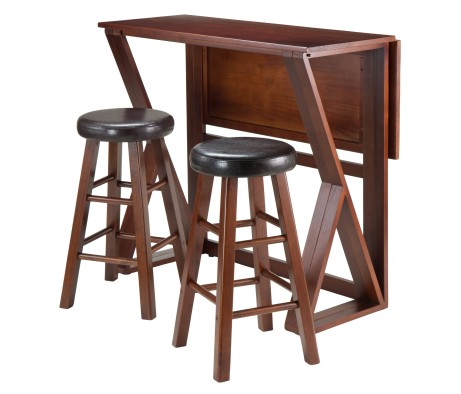 Harrington High Foldable Dining Table with 2 Cushion Counter Stools, 36' High, 39' Wide, Espresso and Walnut