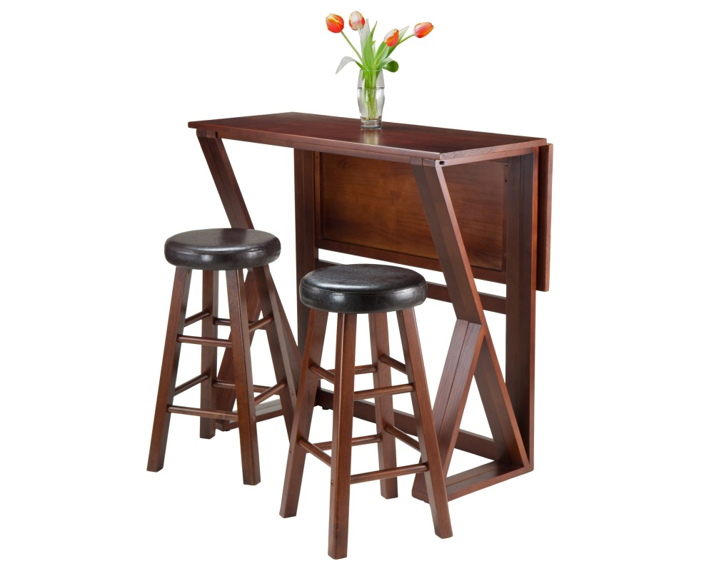 Harrington High Foldable Dining Table with 2 Cushion Counter Stools, 36' High, 39' Wide, Espresso and Walnut