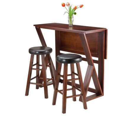 Harrington High Foldable Dining Table with 2 Cushion Counter Stools, 36' High, 39' Wide, Espresso and Walnut