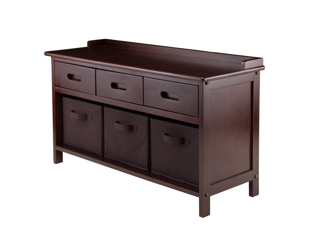 Adriana Storage Bench with 3 Drawers, 3 Fabric Baskets, 38 Wide, 22 High, Walnut and Chocolate