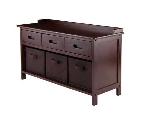 Adriana Storage Bench with 3 Drawers, 3 Fabric Baskets, 38 Wide, 22 High, Walnut and Chocolate