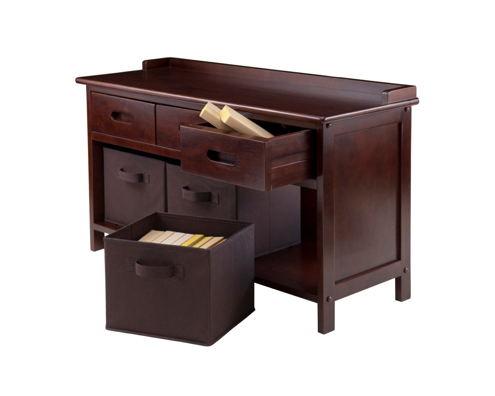 Adriana Storage Bench with 3 Drawers, 3 Fabric Baskets, 38 Wide, 22 High, Walnut and Chocolate
