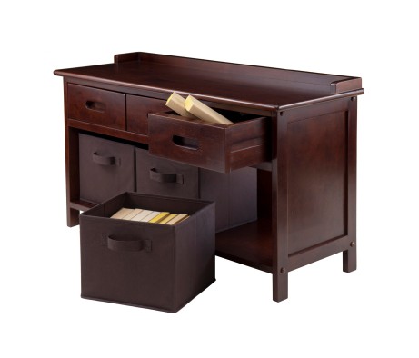 Adriana Storage Bench with 3 Drawers, 3 Fabric Baskets, 38 Wide, 22 High, Walnut and Chocolate