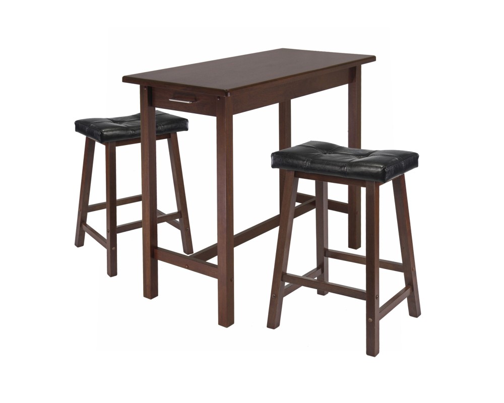 Sally 3-Pc Breakfast Table with 2 Cushion Saddle Seat Stools, Walnut and Black