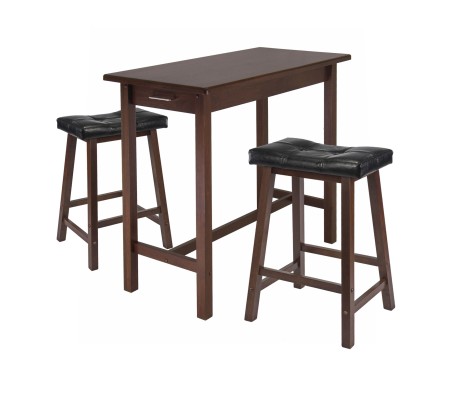 Sally 3-Pc Breakfast Table with 2 Cushion Saddle Seat Stools, Walnut and Black