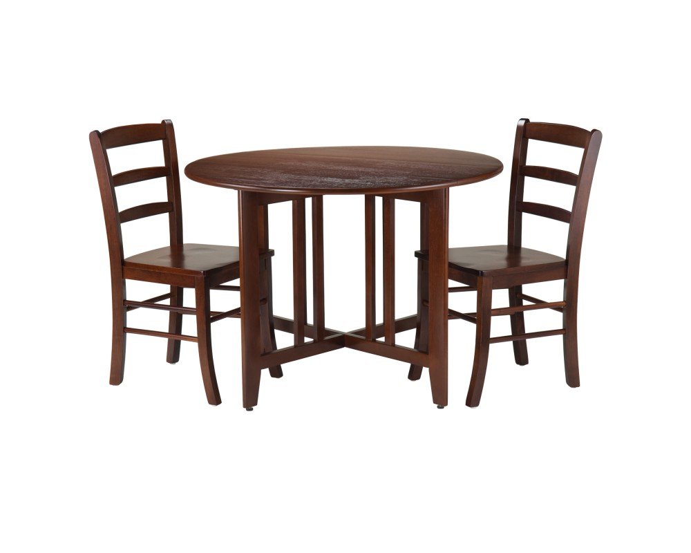 Alamo Foldable Round Dining Table, 42' Wide, with 2 Ladder Back Chairs, Walnut