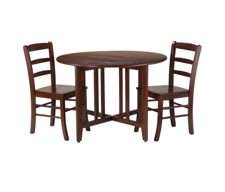 Alamo Foldable Round Dining Table, 42' Wide, with 2 Ladder Back Chairs, Walnut