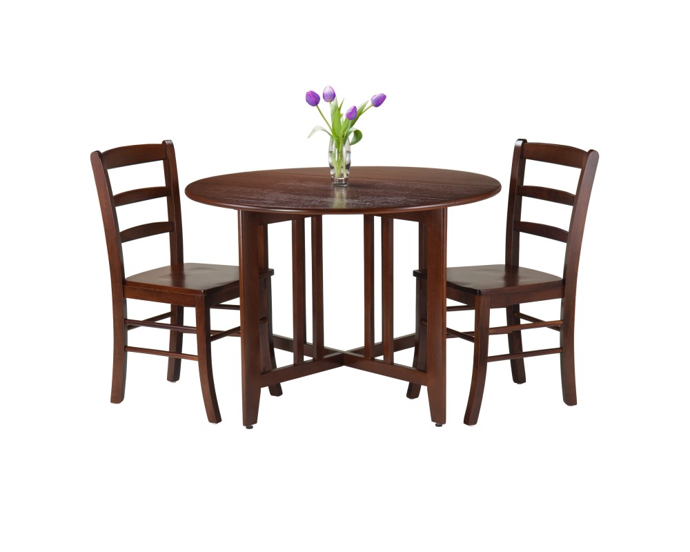 Alamo Foldable Round Dining Table, 42' Wide, with 2 Ladder Back Chairs, Walnut
