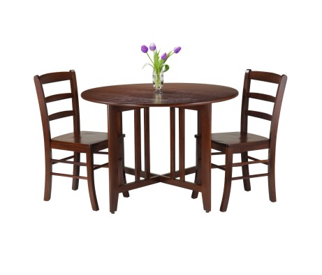 Alamo Foldable Round Dining Table, 42' Wide, with 2 Ladder Back Chairs, Walnut