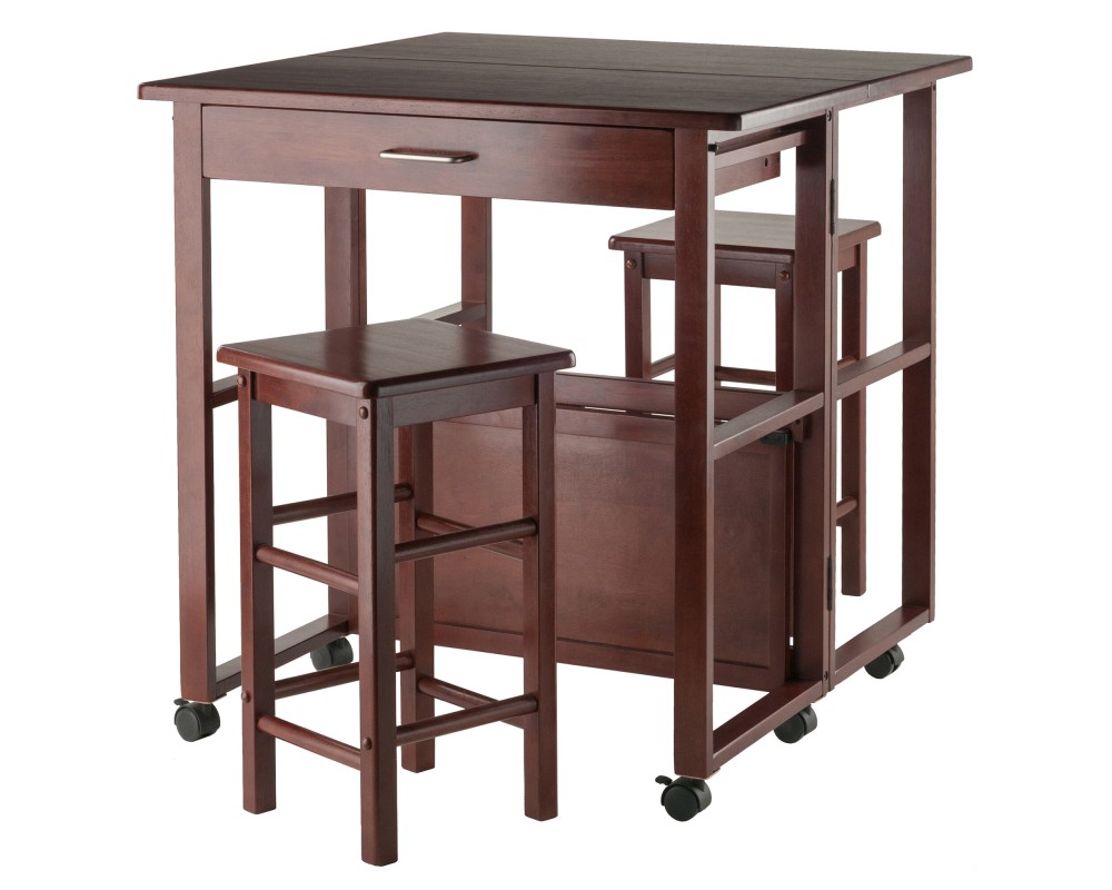Fremont Space-Saver Extendable Table with 2 Tuck-Away Stools, 31' Wide, 32' High, Walnut