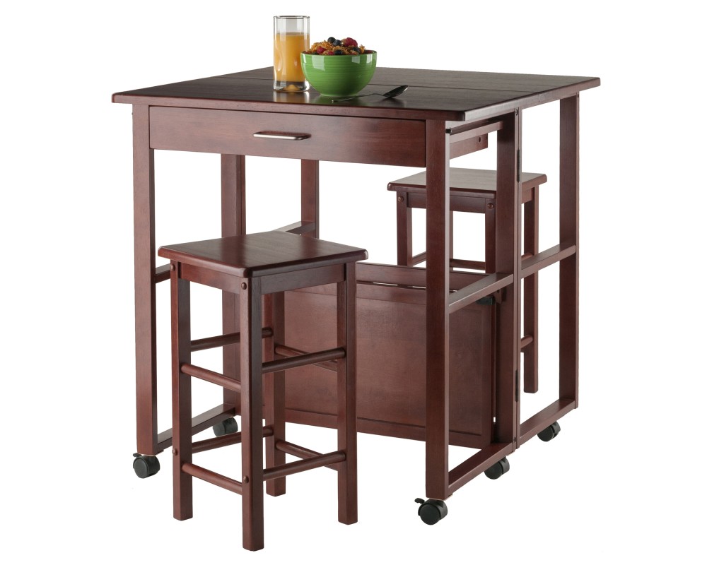 Fremont Space-Saver Extendable Table with 2 Tuck-Away Stools, 31' Wide, 32' High, Walnut