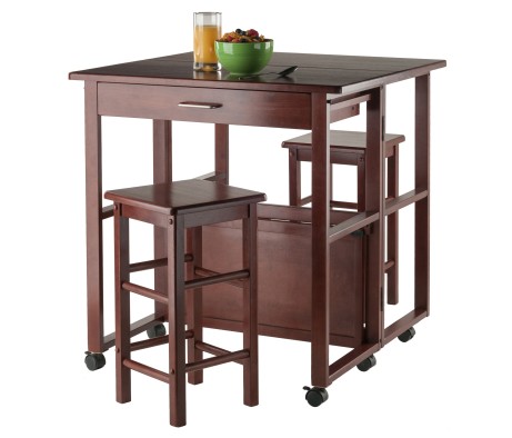 Fremont Space-Saver Extendable Table with 2 Tuck-Away Stools, 31' Wide, 32' High, Walnut