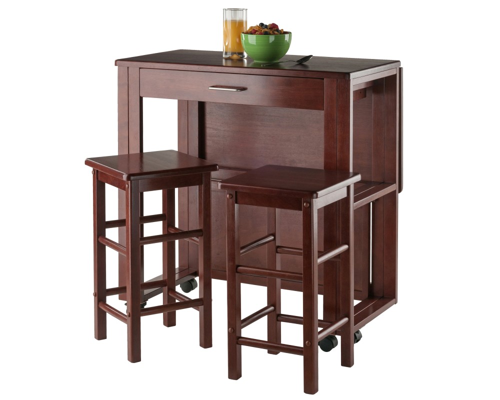 Fremont Space-Saver Extendable Table with 2 Tuck-Away Stools, 31' Wide, 32' High, Walnut